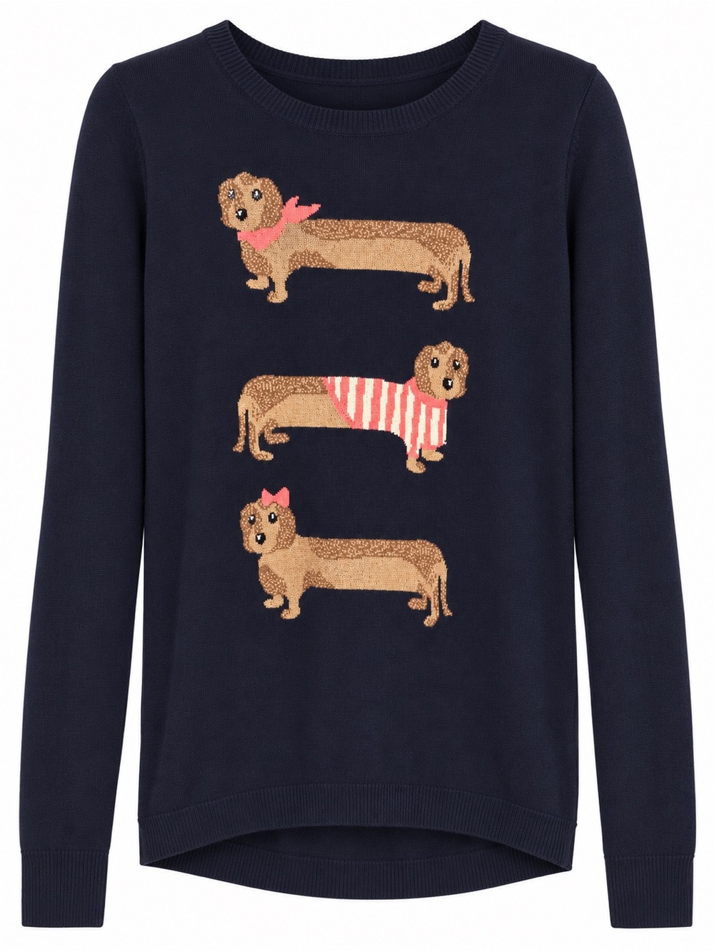 Talbots Navy Sweater with Dachshund Knit Motif